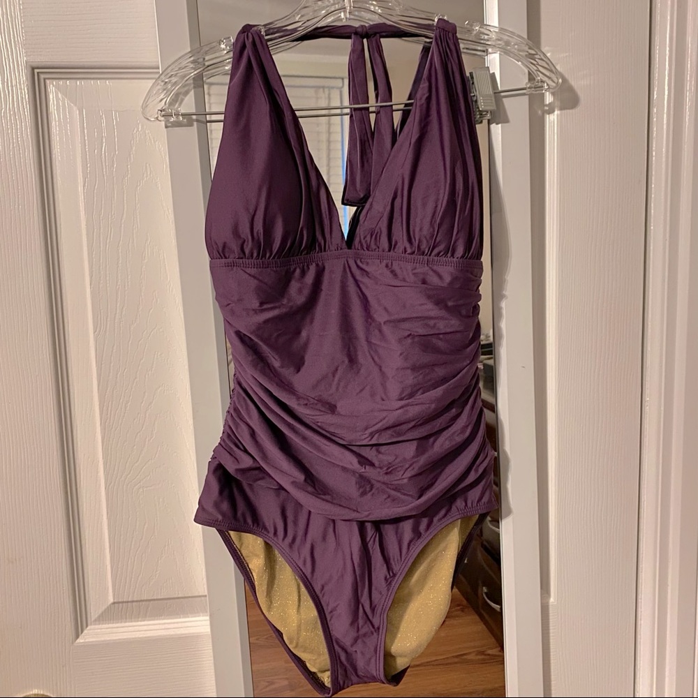 Women’s purple halter one piece swimsuit, size 12